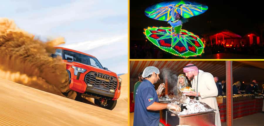Dubai: Tour with BBQ Dinner, Camel Ride, & Traditional Show - Dune bashing and sandboarding: the thrill part (with guardrails)