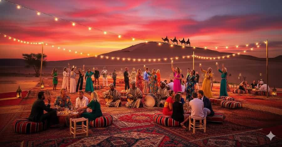 Marrakech: Camel Ride, Dinner, Pool, and Fire Show in Agafay - Camp welcome tea, lanterns, and a quick breather before dinner