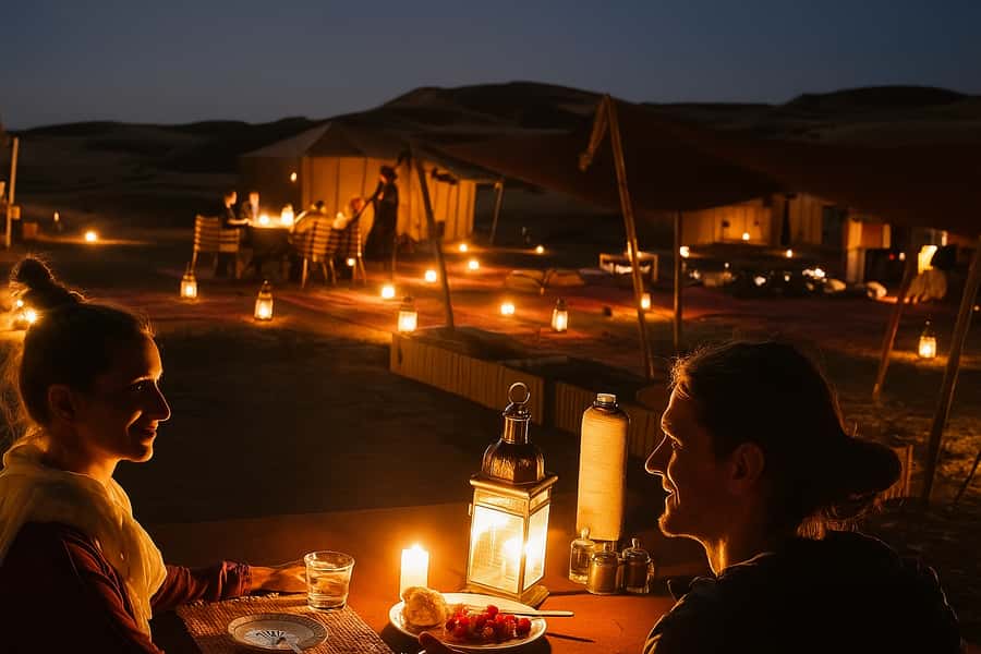 Marrakesh: Agafay Desert Sunset, Camel Ride, and Dinner Show - Berber Camp Arrival: Mint Tea, Lanterns, and Dinner You Can Actually Enjoy